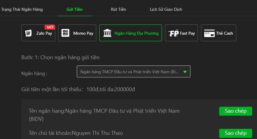 Hướng dẫn nạp tiền tài khoản JBO